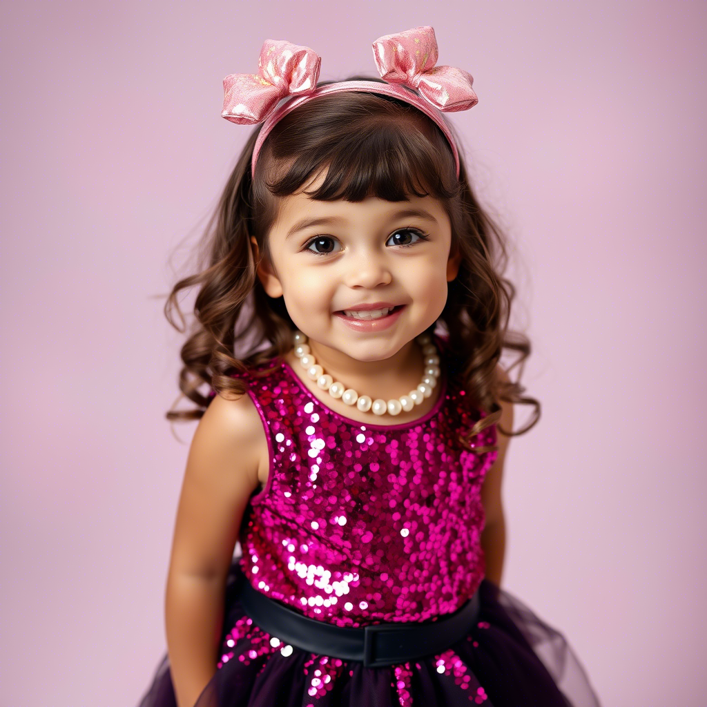 Little girl in sequined outfit posing for a fun photo shoot