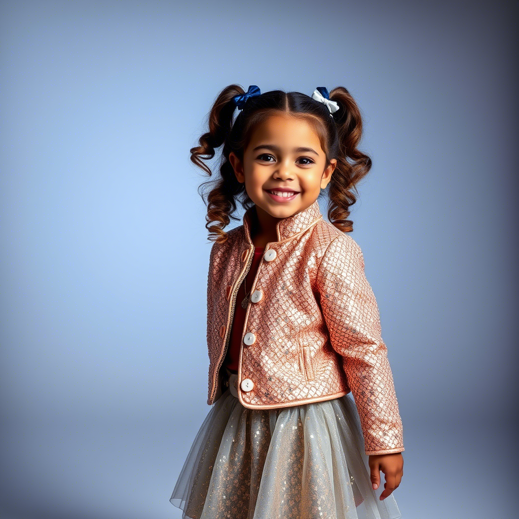 Little girl in sparkly jacket and skirt, posing happily in a studio