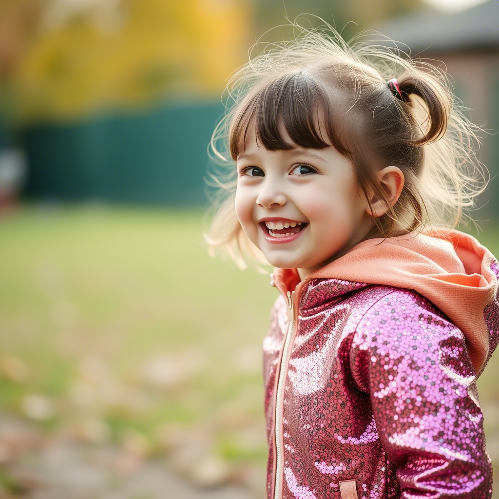 Little girl in sparkly jacket, smiling and having fun outside