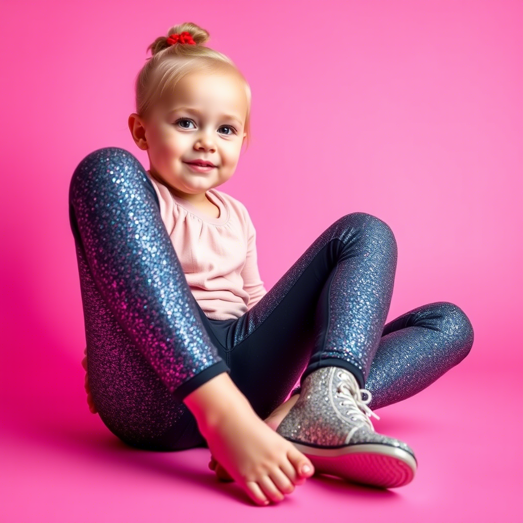 Little girl in sparkly jeggings sitting on a pink background