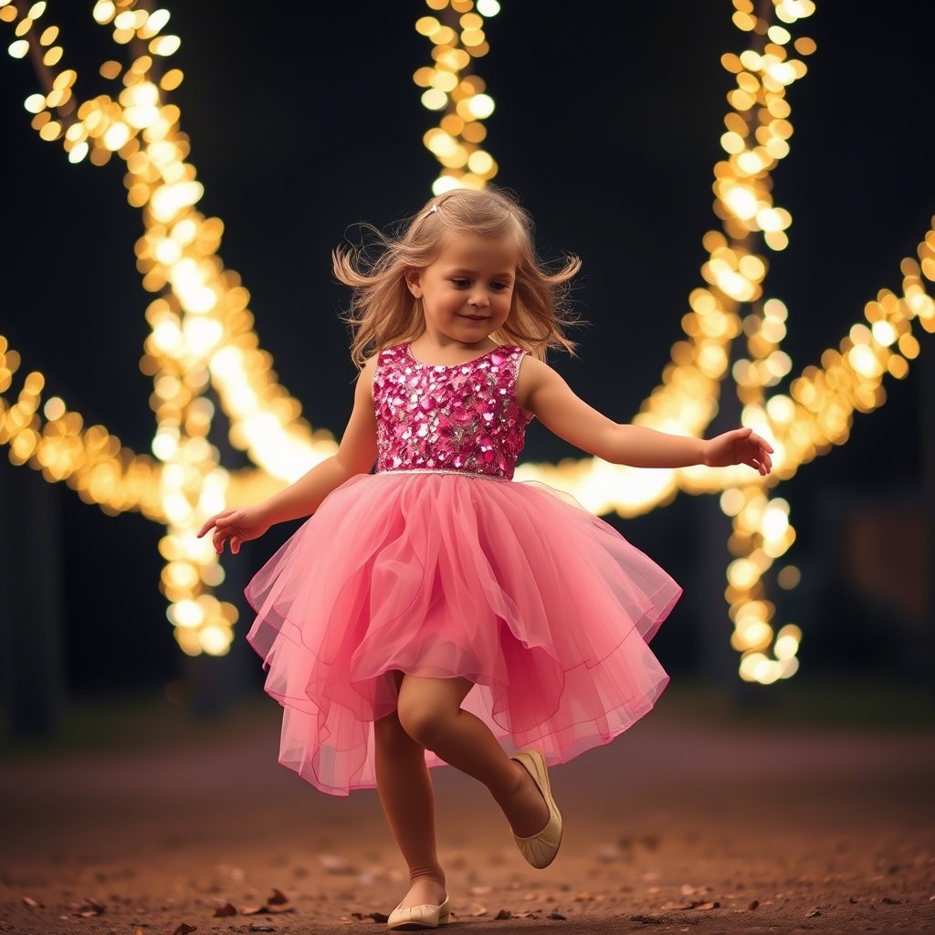 Little girl in sparkly pink dress dancing under fairy lights