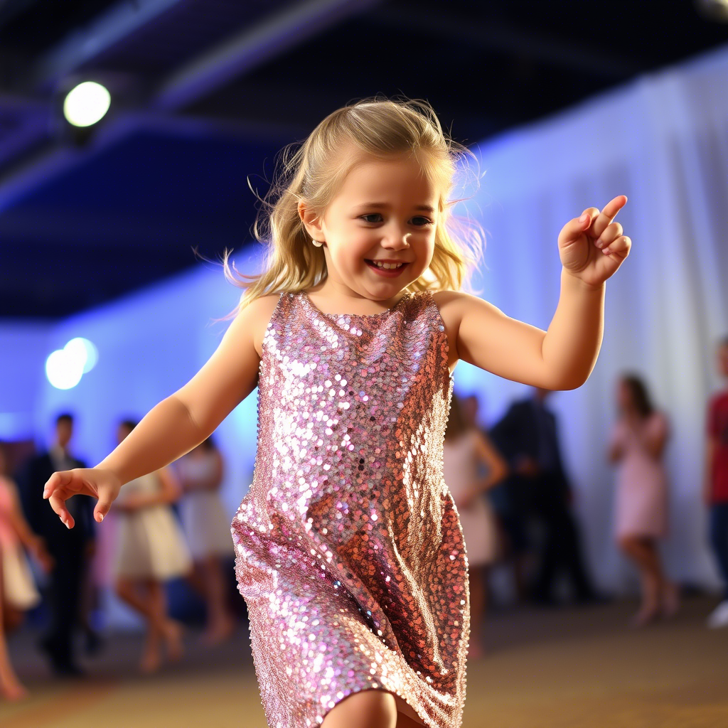 Little girl in sparkly sequin dress dancing freely