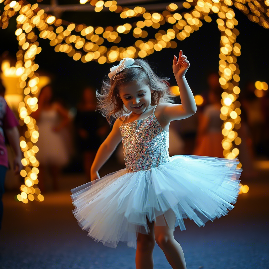 Little girl in sparkly tutu dancing under twinkling lights