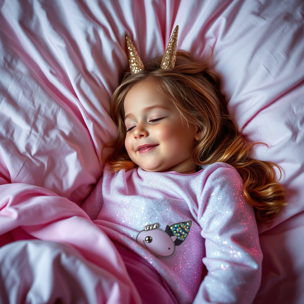 Little girl in sparkly unicorn PJs smiling while sleeping peacefully