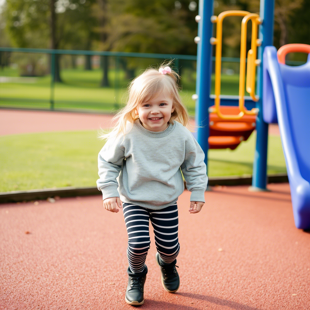 Little girl in striped leggings and oversized sweatshirt having fun at playground