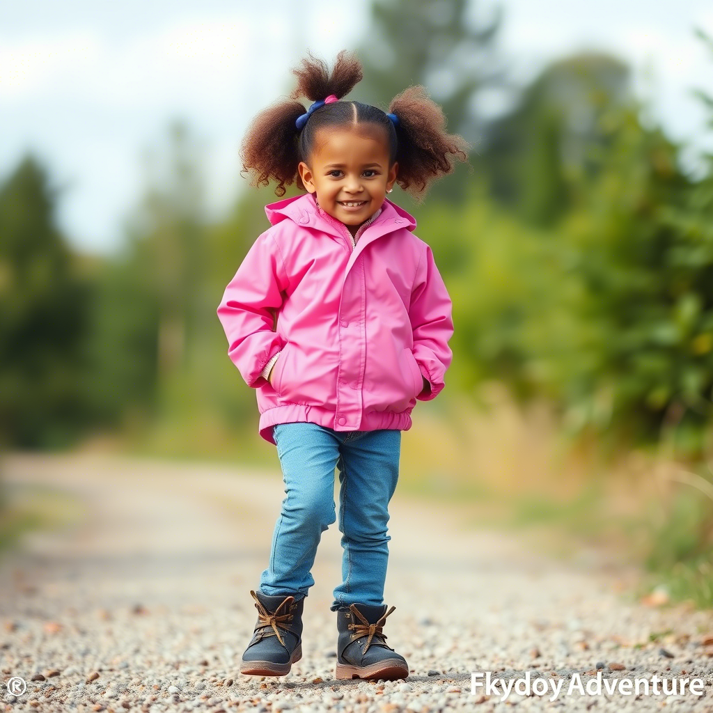 Little girl in stylish jeans and a bright pink windbreaker for a fun outdoor adventure