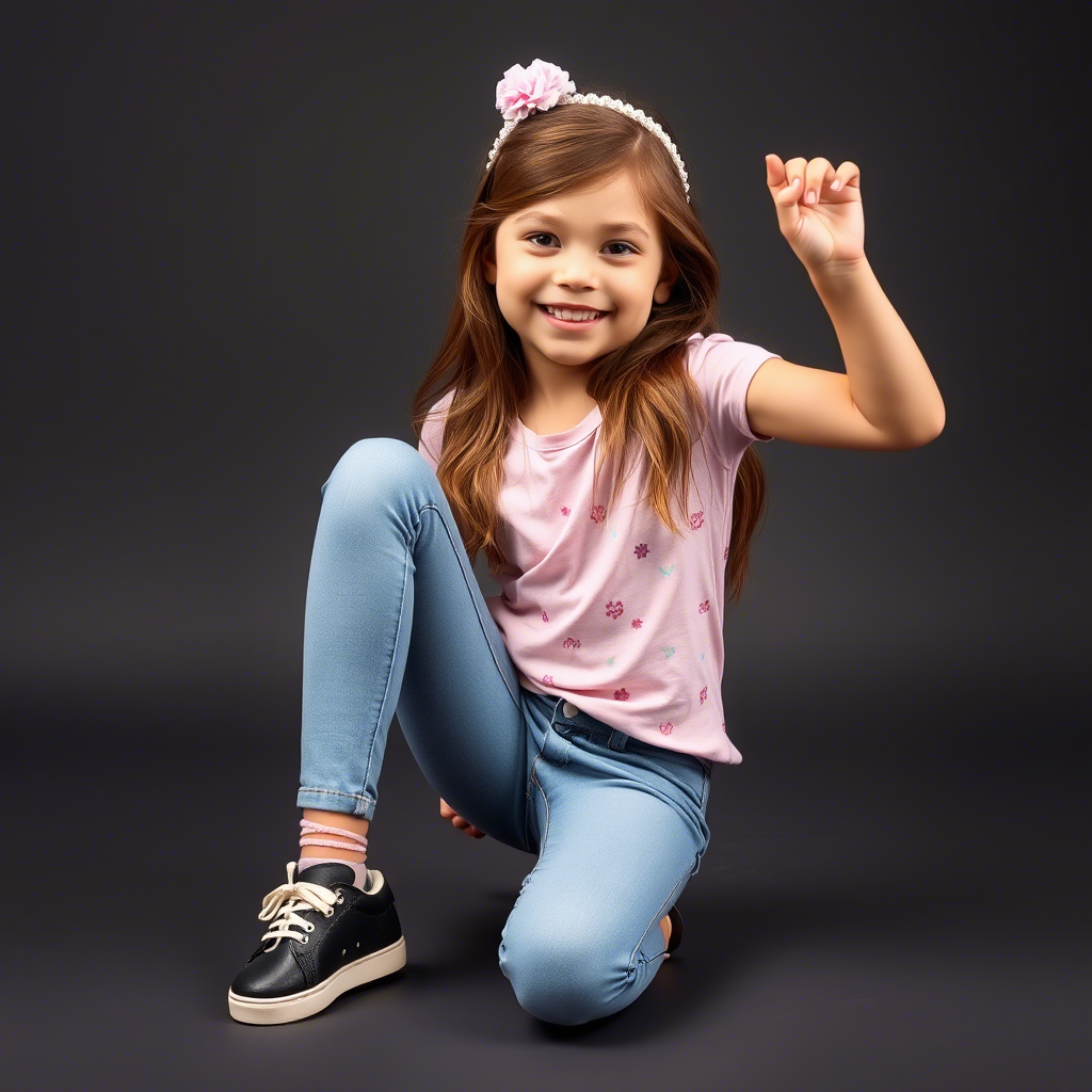 Little girl in stylish leggings and jeans posing for a fun photoshoot