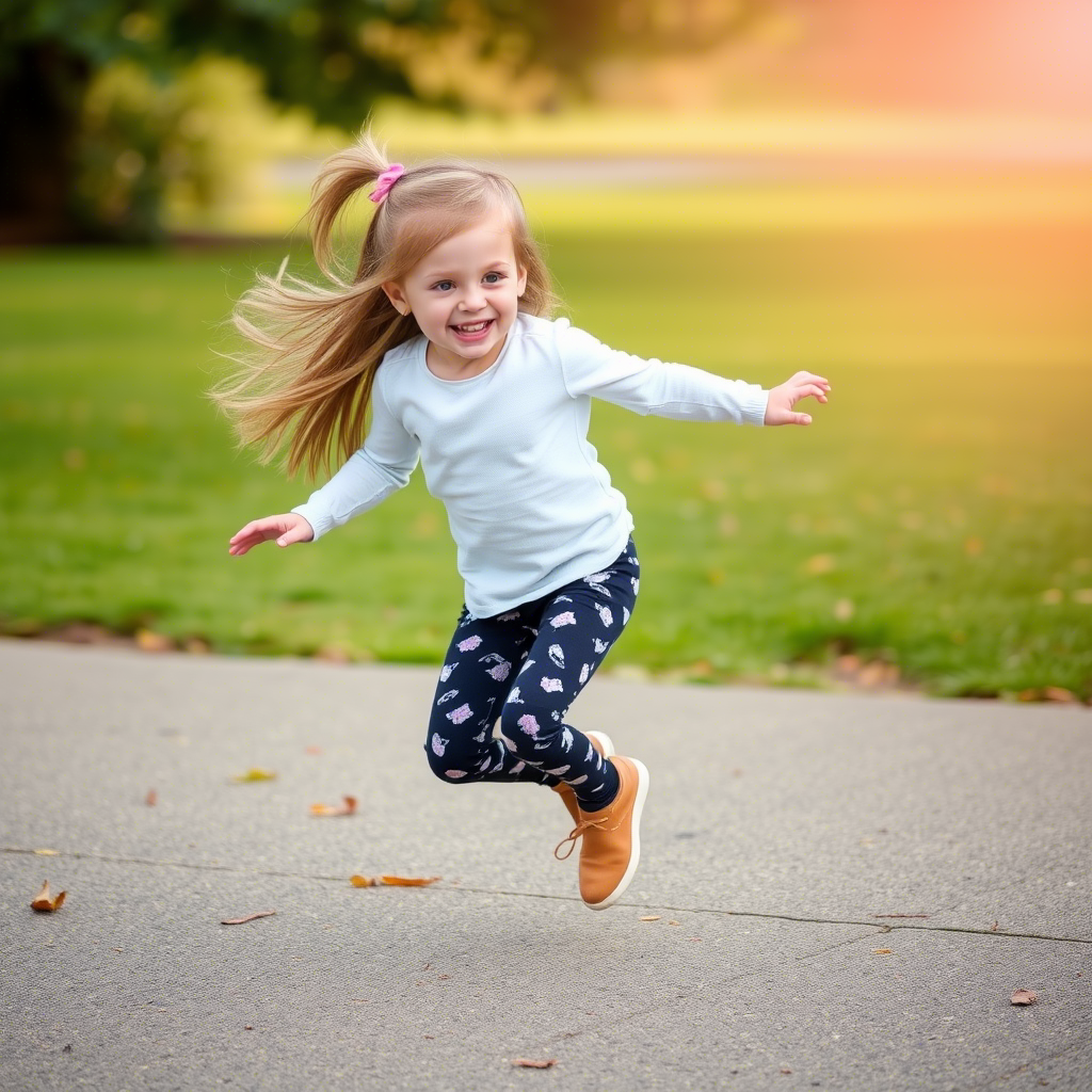 Little girl in stylish leggings playing outside freely