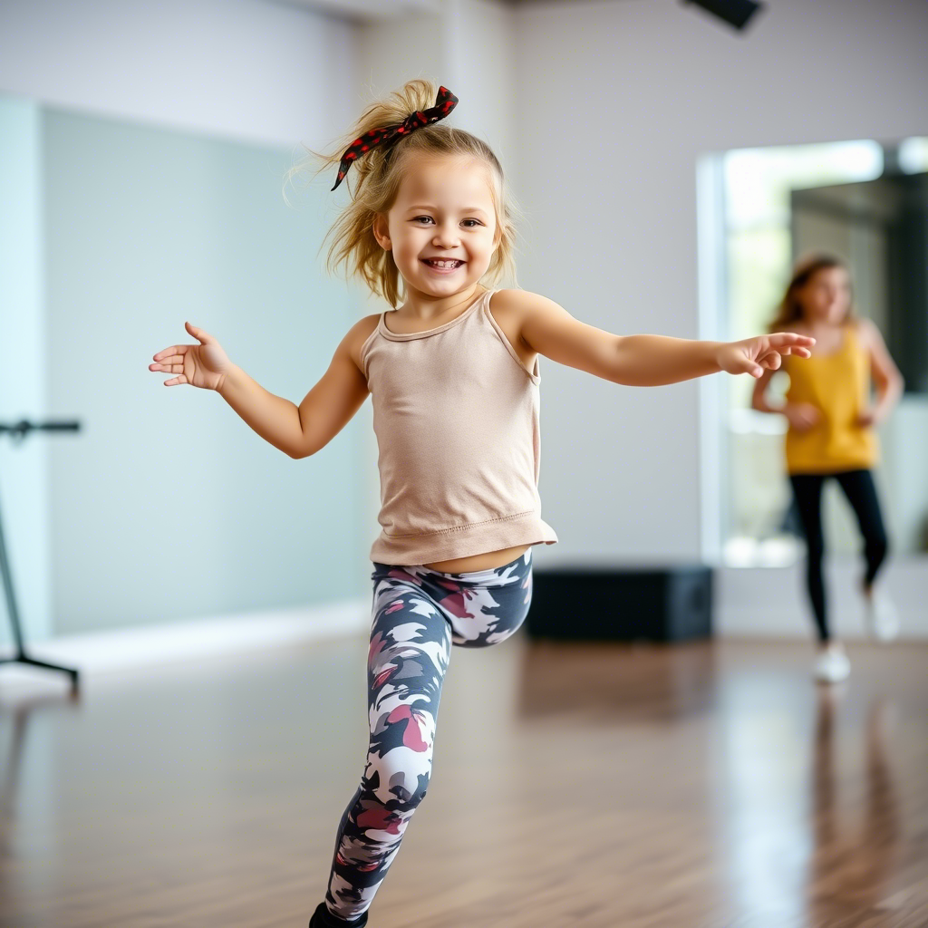 Little girl in trendy leggings and top, smiling while dancing in a studio