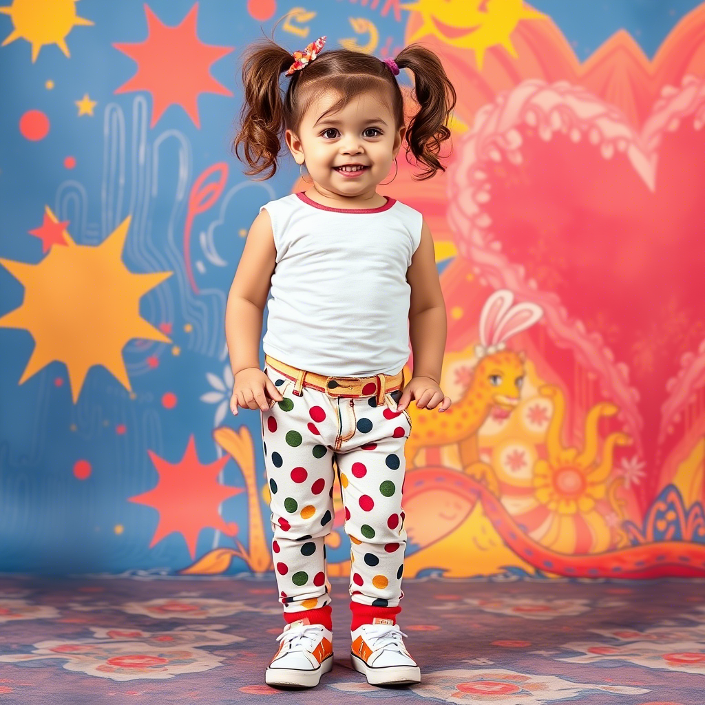 Little girl in trendy pants posing with a fun background
