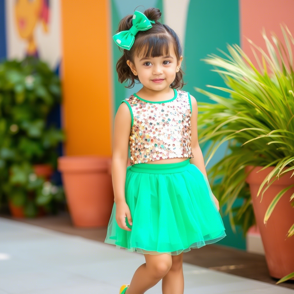 Little girl in trendy sequin top and skirt combo, showcasing kids fashion trends