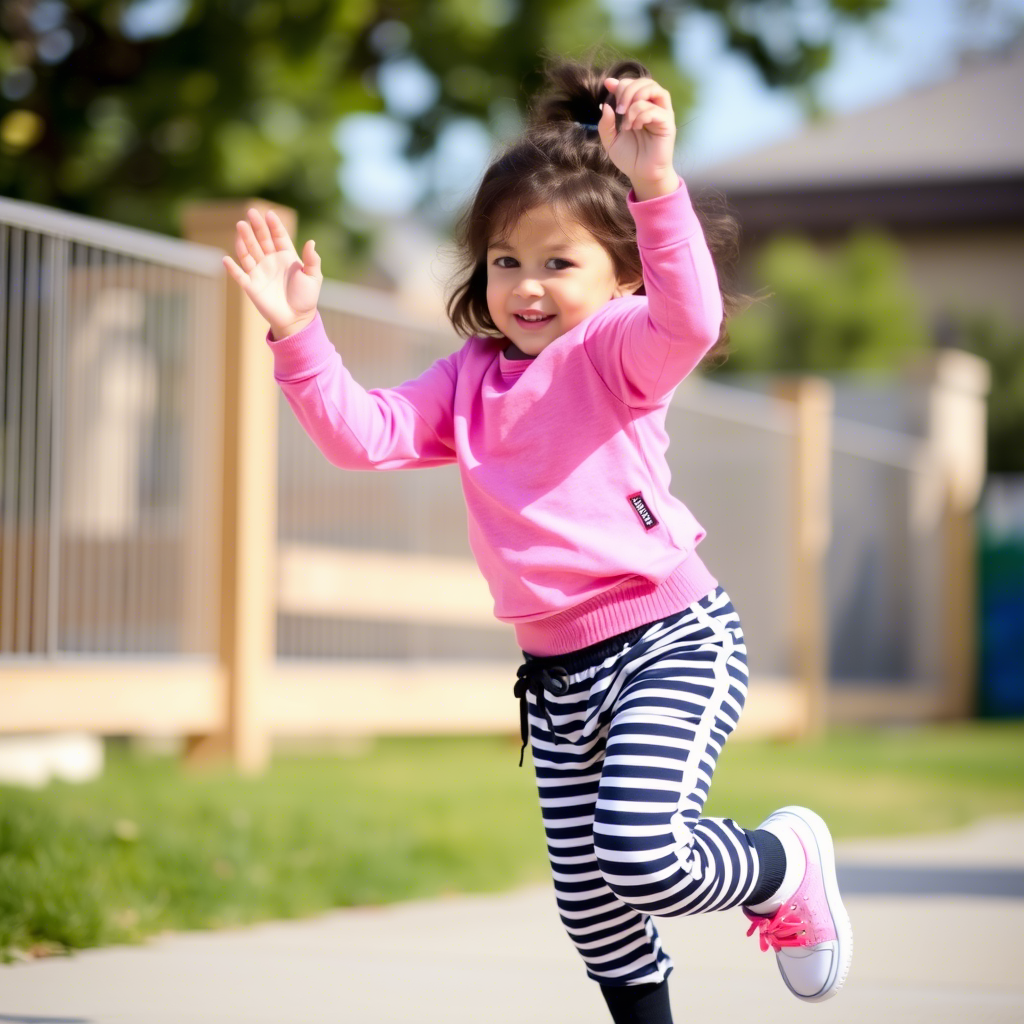 Little girl in trendy striped jogger pants playing outside
