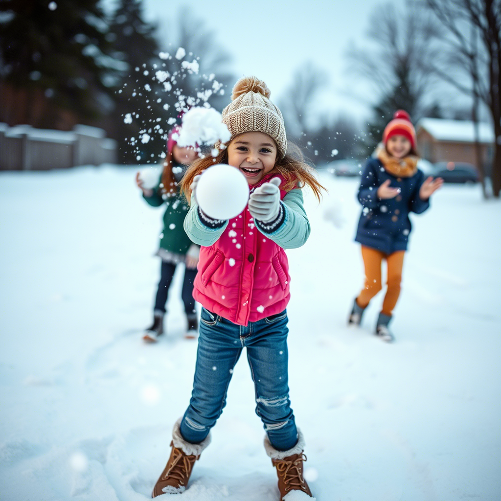 Little girl in winter jeans and shorts having snowball fight with friends