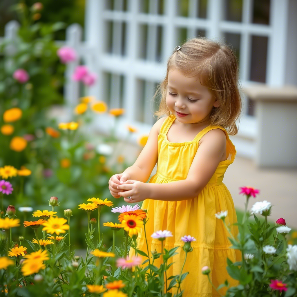 Little girl in yellow sundress playing with flowers in garden