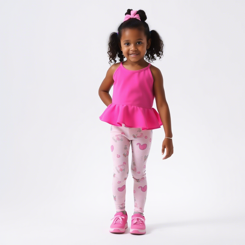 Little girl modeling a bright pink top with matching leggings