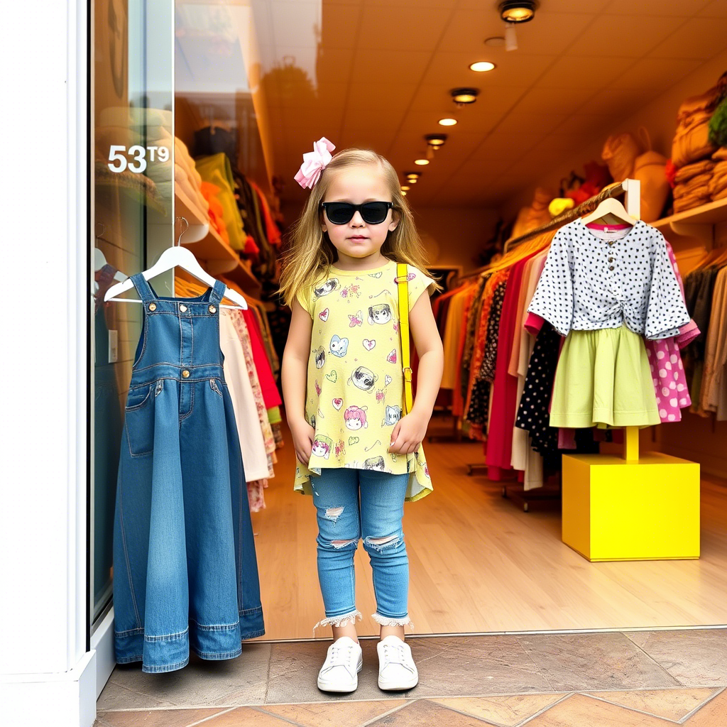 Little girl modeling adorable kids’ outfits in a bright storefront