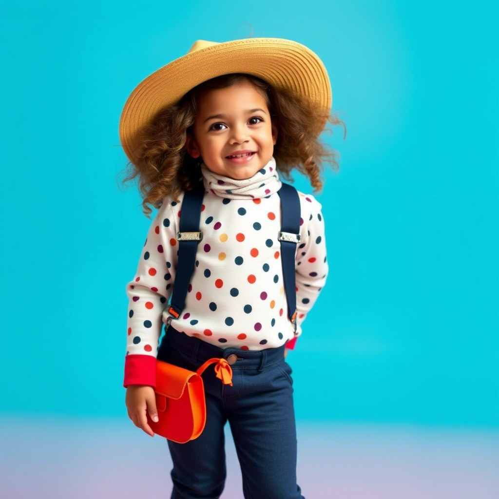 Little girl modeling stylish kidswear with bright background