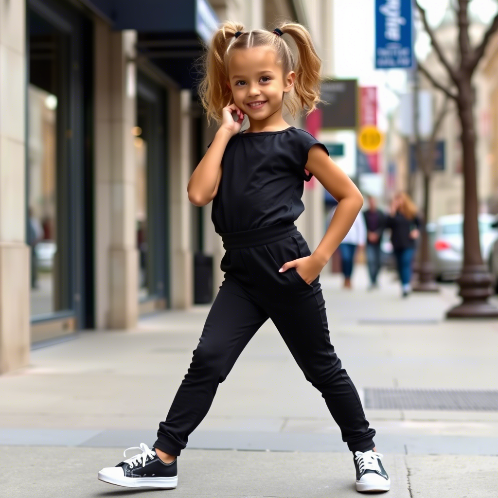 Little girl modeling stylish leggings and jumpsuit, striking a confident pose on city sidewalk