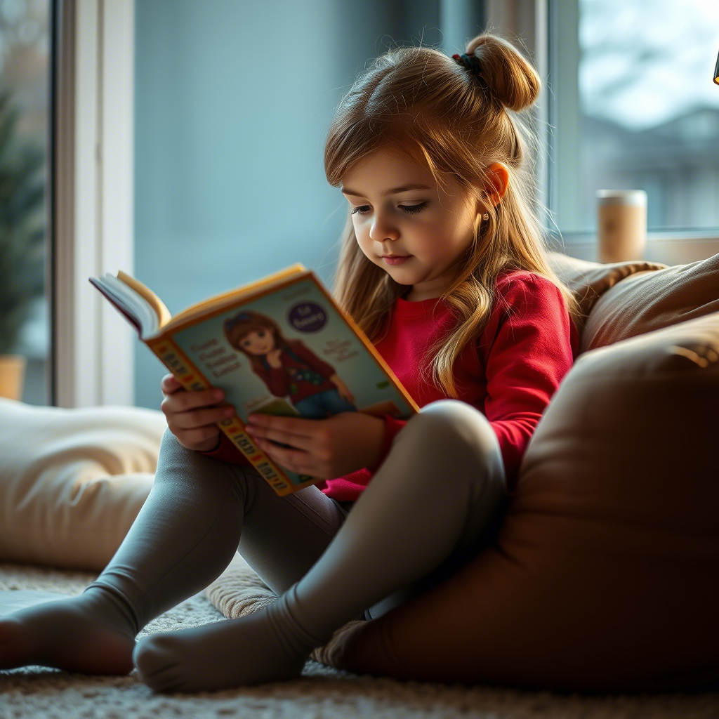 Little girl sitting comfortably in leggings, reading a book indoors