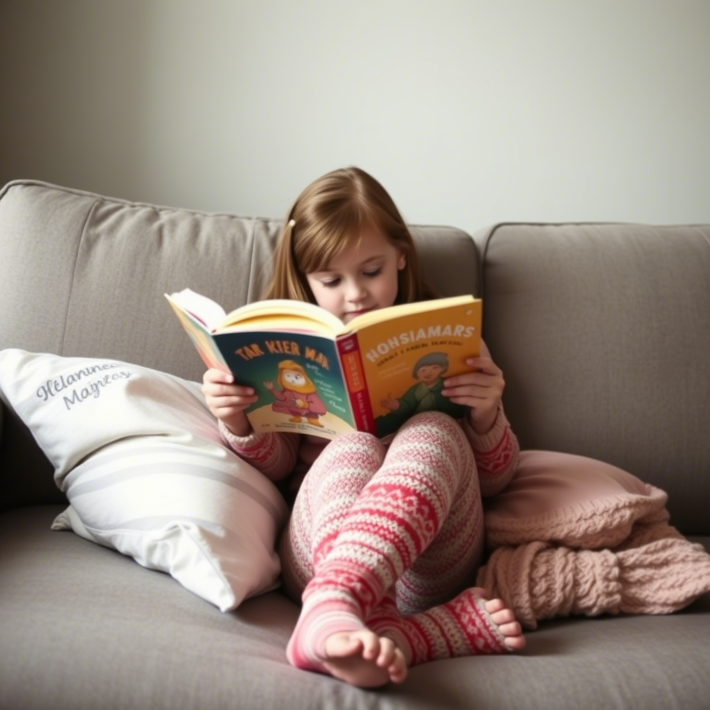 Little girl sitting on a couch wearing cozy leggings and reading a book