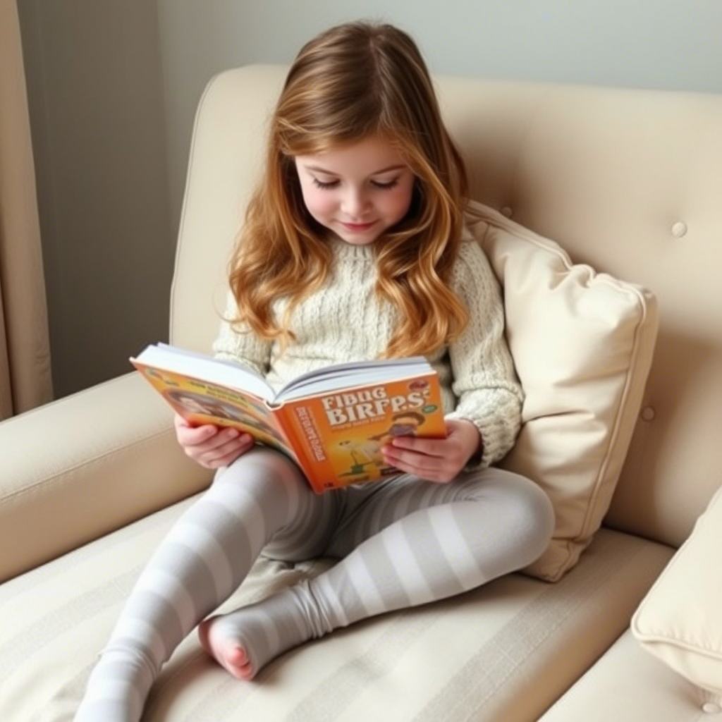 Little girl sitting on a couch wearing cozy leggings and reading a book