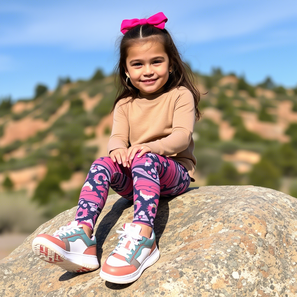 Little girl sitting on a rock wearing stylish leggings and sneakers
