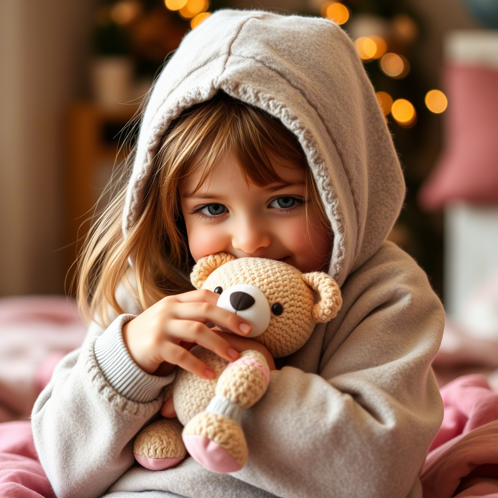 Little girl snuggled up in cozy sweatshirt with favorite toy