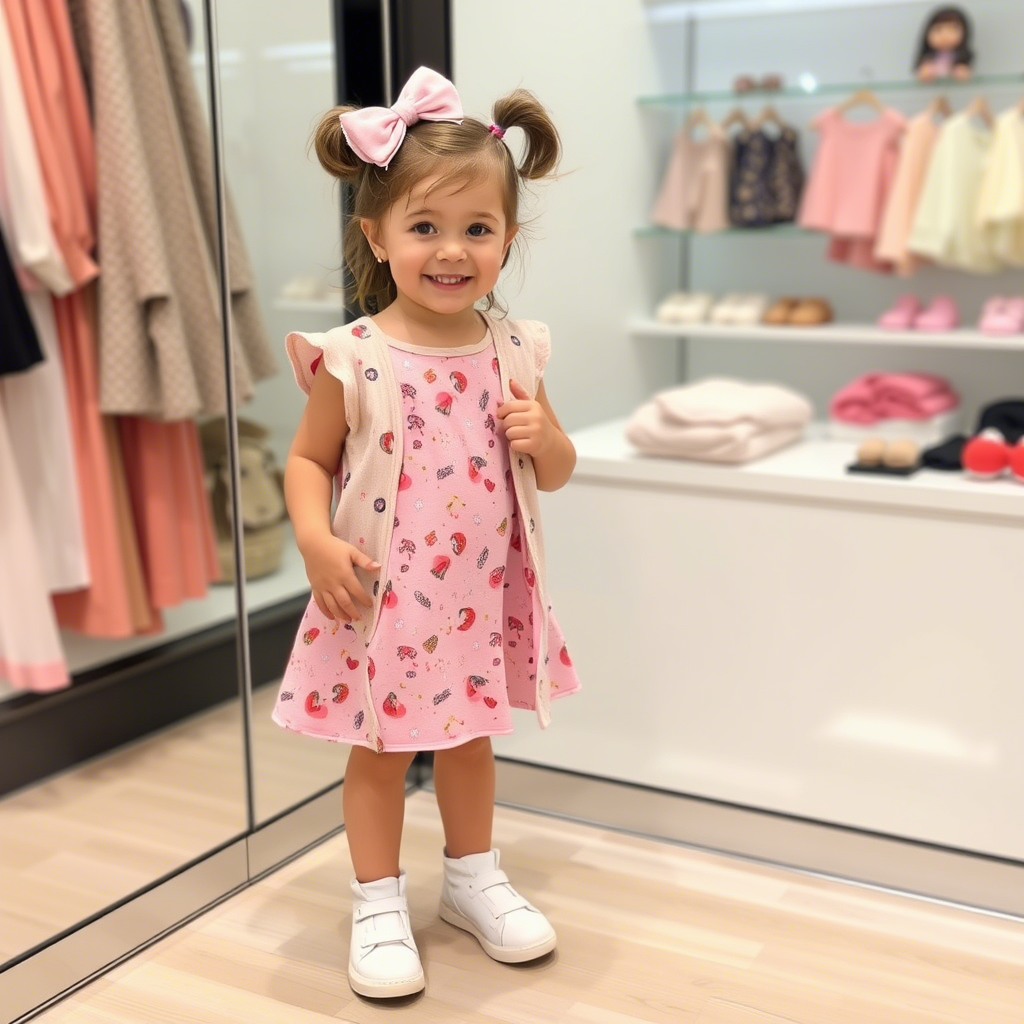 Little girl trying on adorable outfits from online store