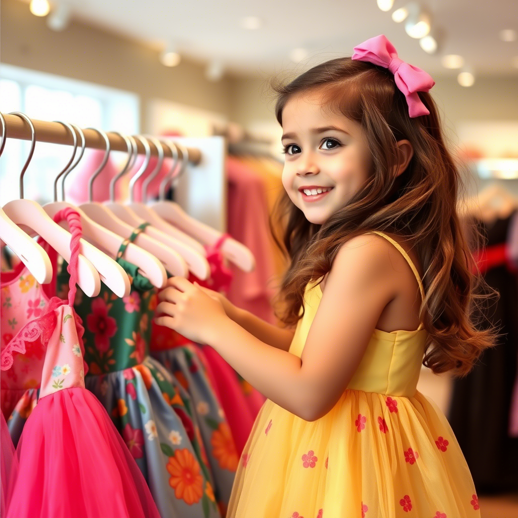 Little girl trying on colorful dresses in a boutique