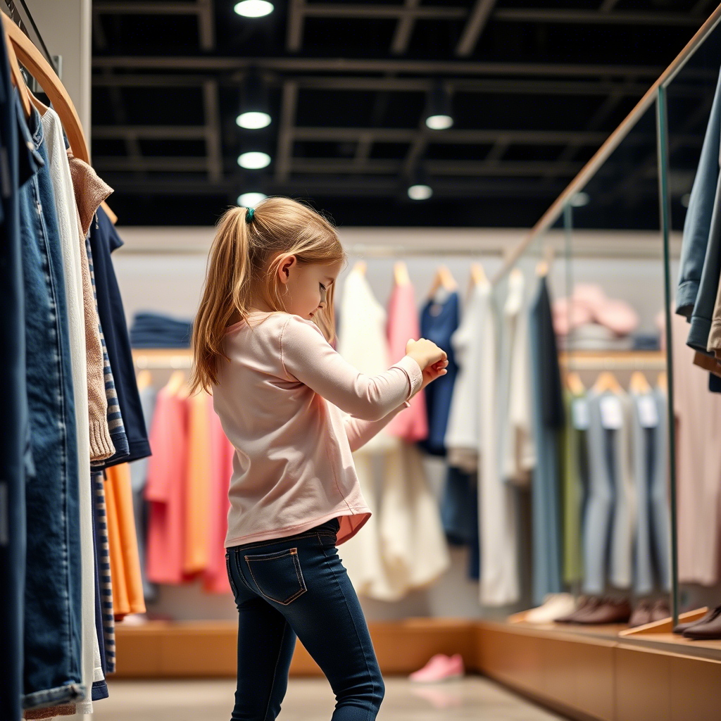 Little girl trying on jeans and leggings in a clothing store