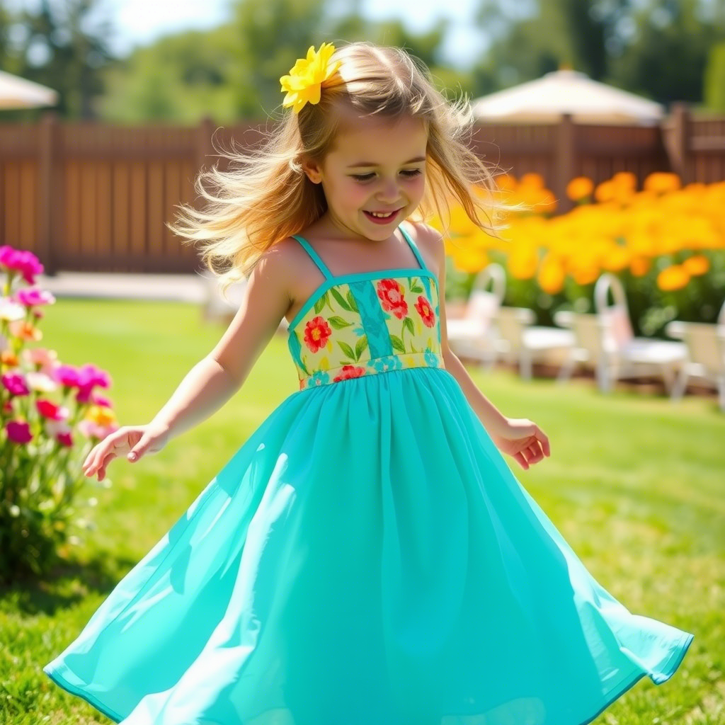Little girl twirling in a vibrant sundress on a sunny day
