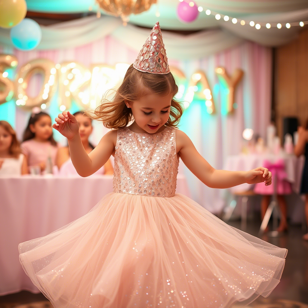 Little girl twirling in sparkly sequined dress at birthday party