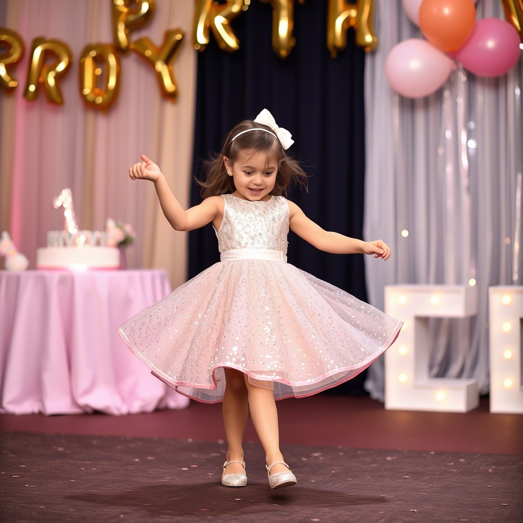 Little girl twirling in sparkly sequined dress on birthday stage