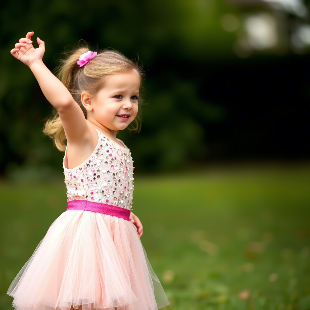 Little girl twirling in sparkly tutu dress with sequins