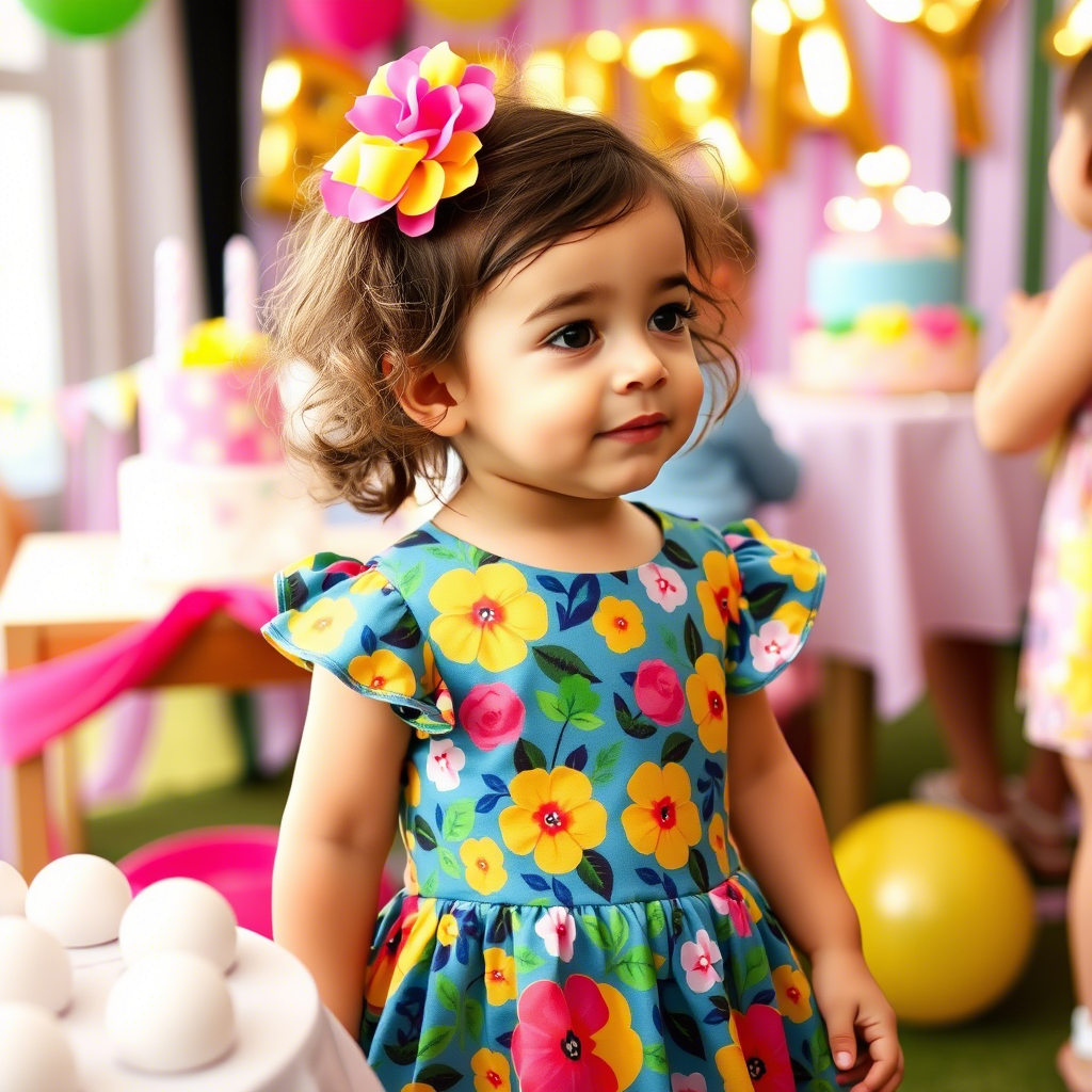Little girl wearing a colorful floral dress at a birthday party