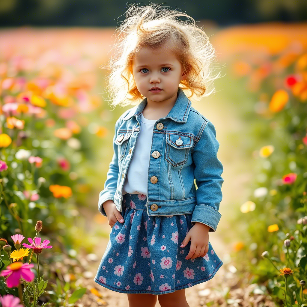 Little girl wearing a fashionable denim jacket and skirt, standing in a flower field.