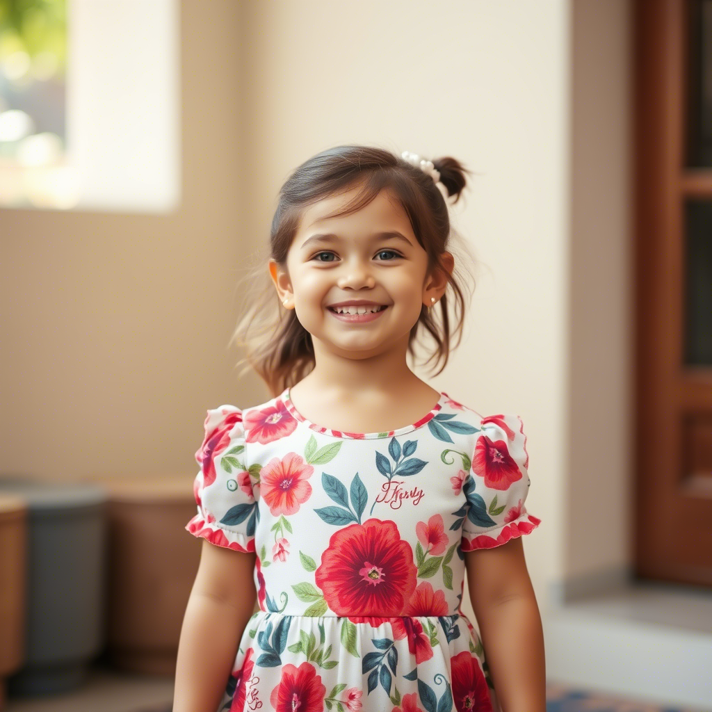 Little girl wearing a floral dress and smiling