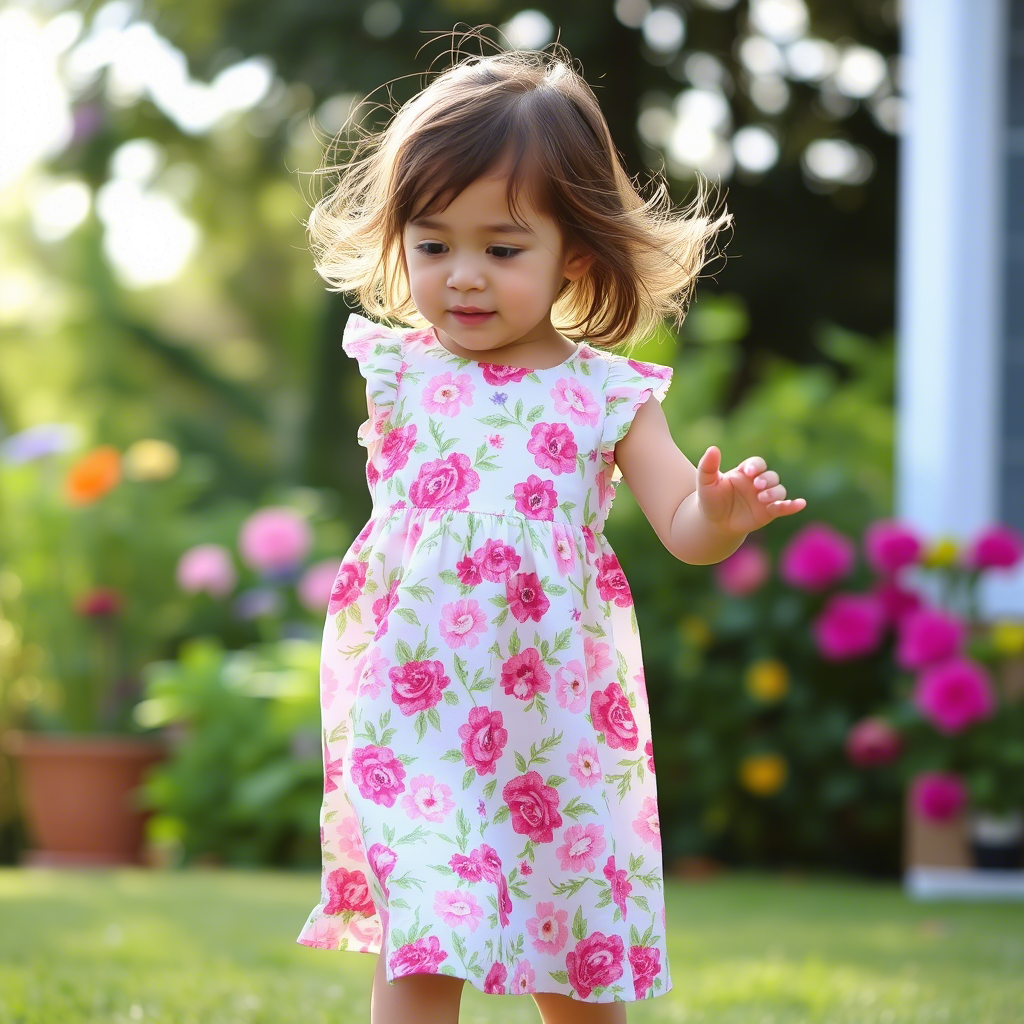 Little girl wearing a floral dress playing outside