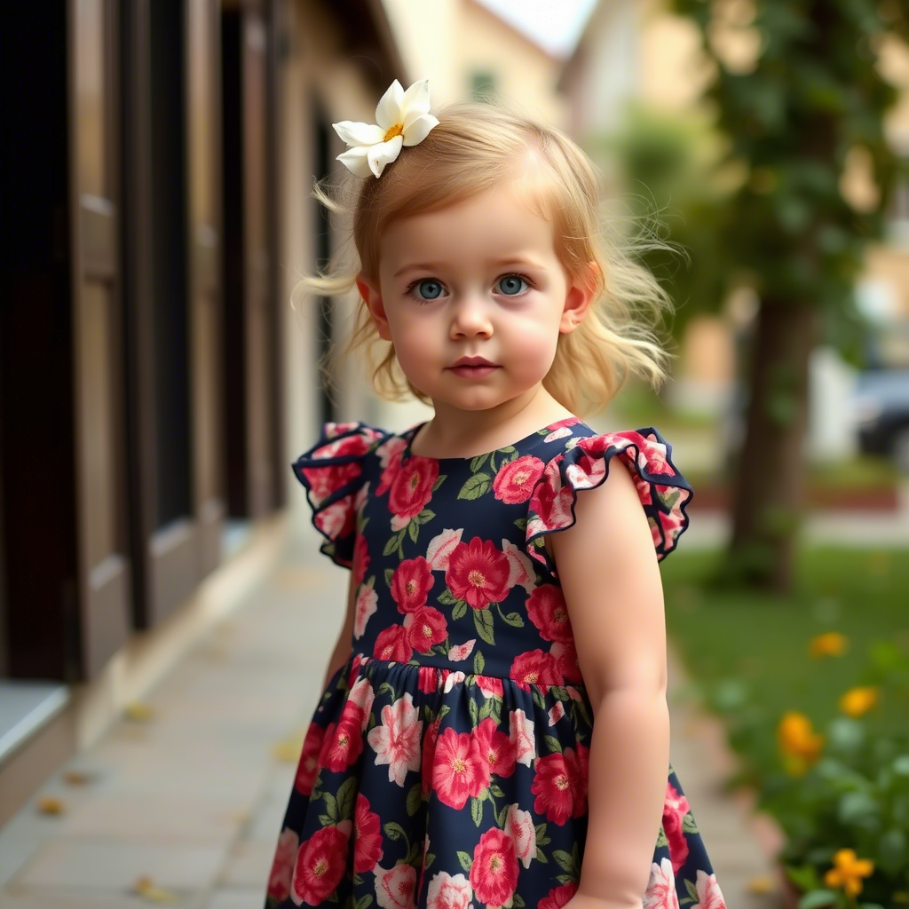 Little girl wearing a floral dress, showcasing European infant fashion trends