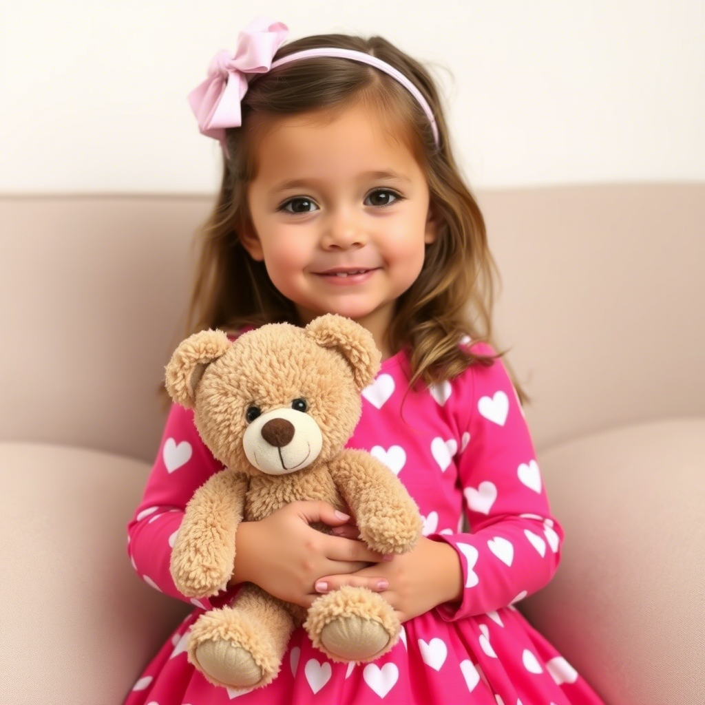 Little girl wearing a pink dress with white hearts and holding a stuffed teddy bear