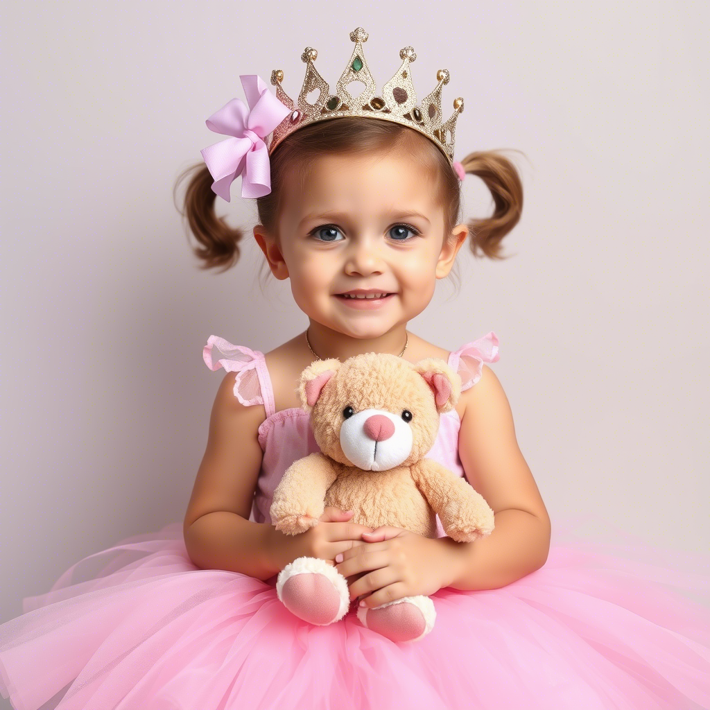 Little girl wearing a pink tutu and a crown, holding a stuffed animal