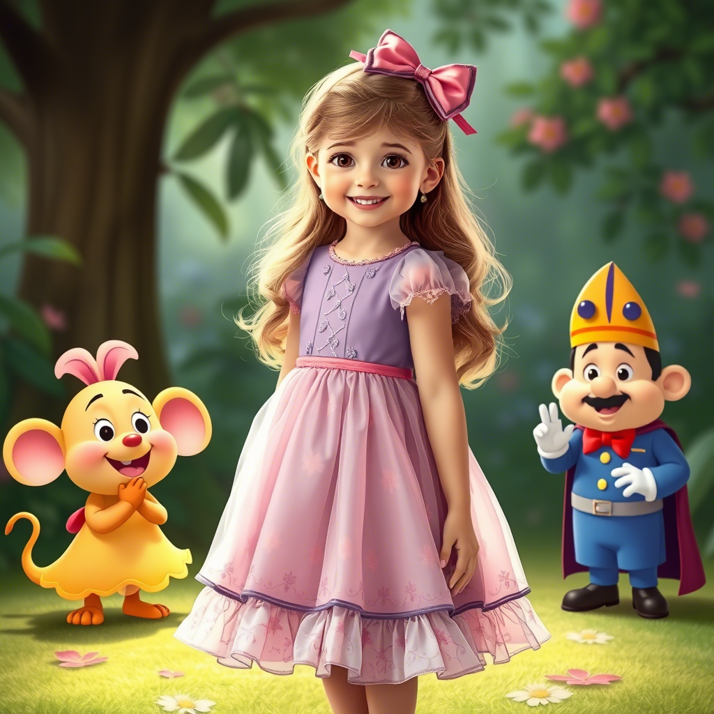 Little girl wearing a pretty dress with cartoon characters
