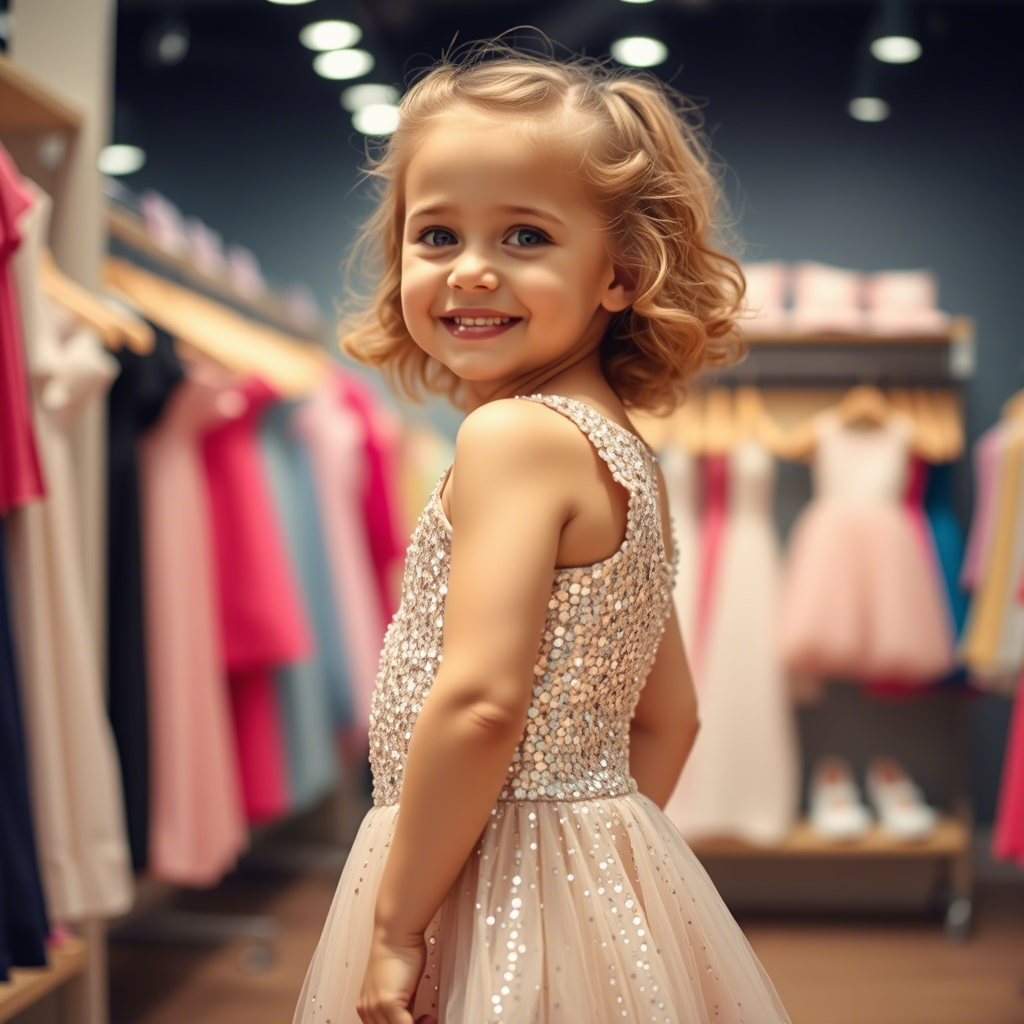Little girl wearing a sparkly sequined dress, posing in a clothing store