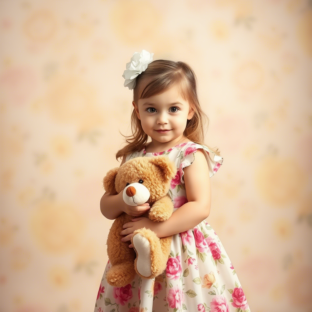 Little girl wearing adorable floral dress and holding a teddy bear
