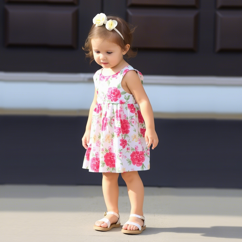 Little girl wearing adorable floral dress and sandals