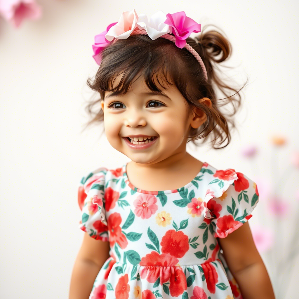 Little girl wearing adorable floral dress and smiling happily