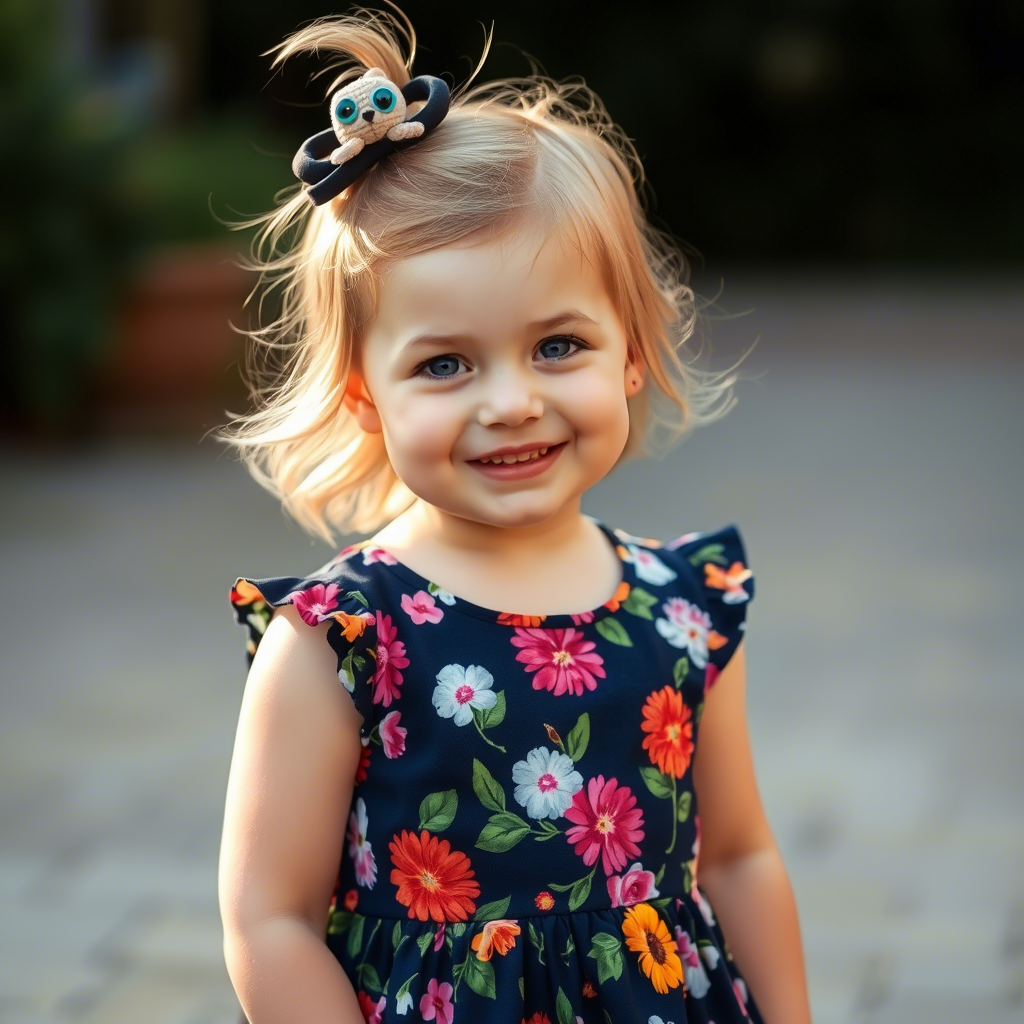 Little girl wearing adorable floral dress and smiling