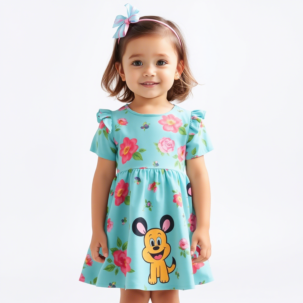 Little girl wearing adorable floral dress with cartoon character print