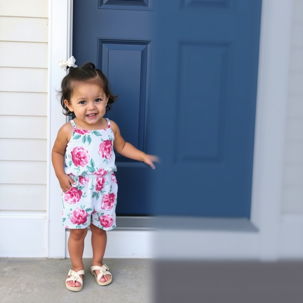 Little girl wearing adorable floral print romper and sandals