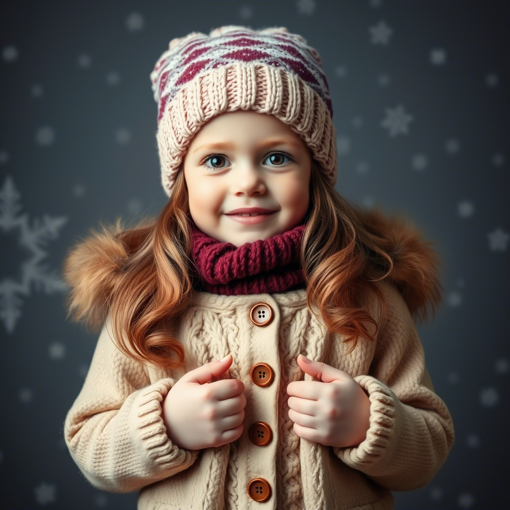 Little girl wearing adorable winter outfit with snowflakes background